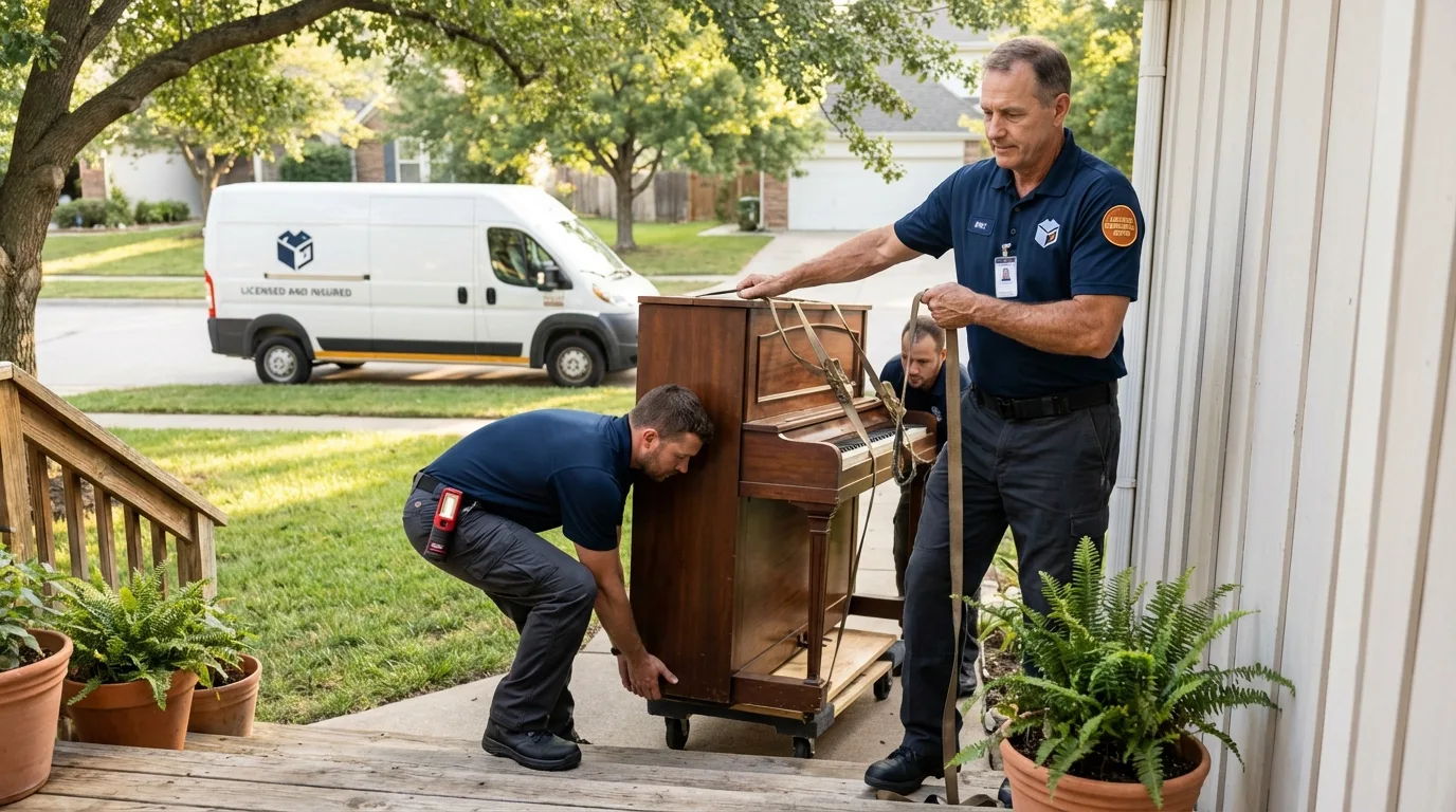 Licensed piano movers securing grand piano in Marietta, OH