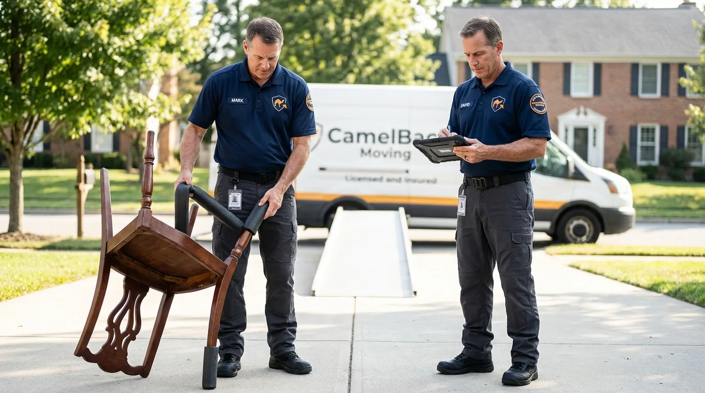 Movers inspecting furniture for damage prevention before loading in Marietta, OH
