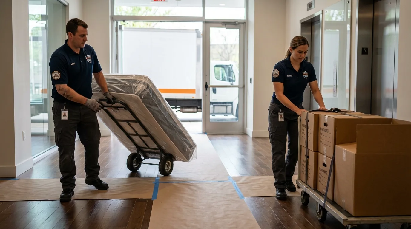 Professional apartment movers loading elevator in Marietta, OH